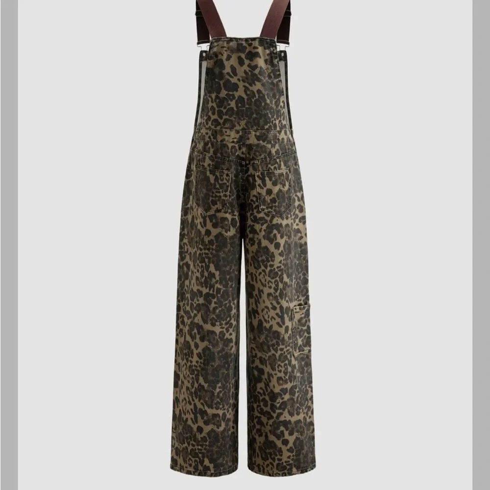 Cider DENIM LEOPARD POCKET BUCKLE UP WIDE LEG OVERSIZED JUMPSUIT XL cr23-9